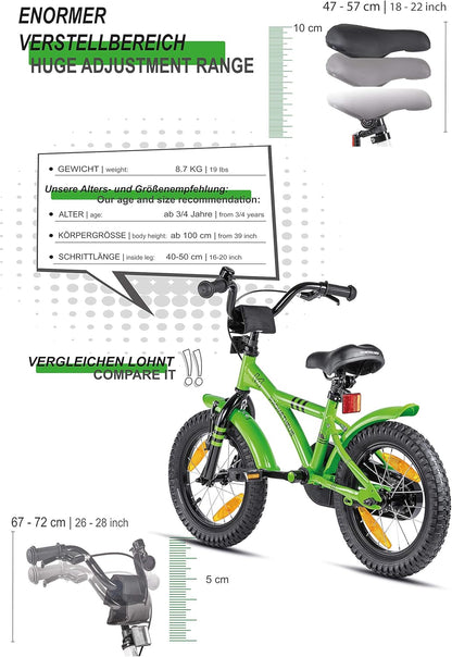 PROMETHEUS BICYCLES kinderfiets 14 inch fiets jongens meisjes van 4 jaar oude met zijwieltjes terugtraprem in groen BMX