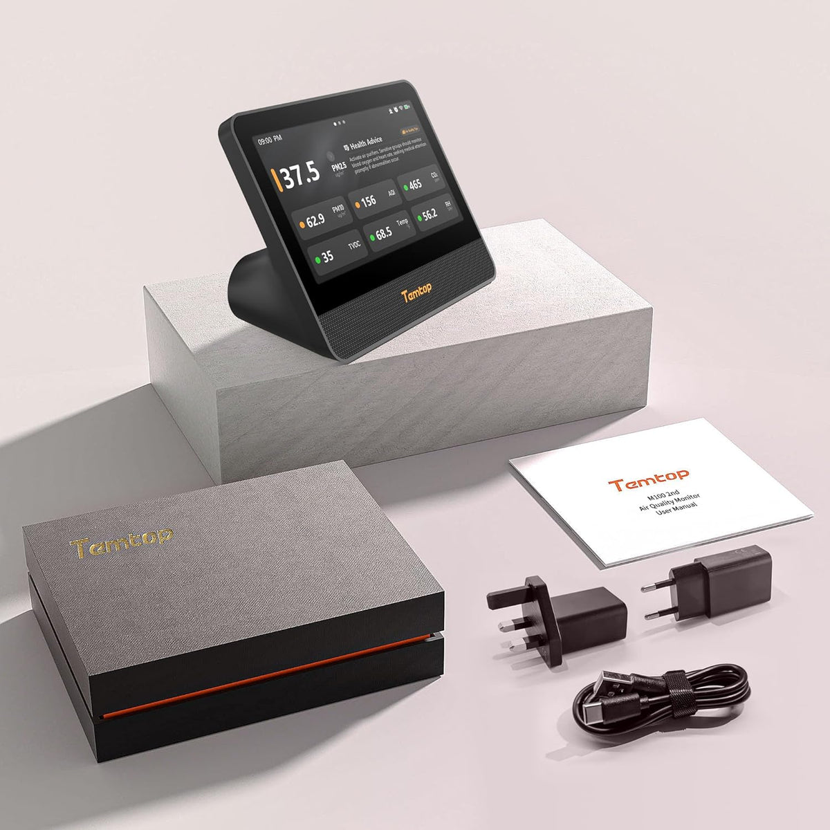 Temtop WiFi-luchtkwaliteitsmonitor M100 2e, 7 inch touchscreen CO2-detector voor binnen en luchtkwaliteitstester voor PM2.5 PM10 TVOC temperatuurvochtigheid, luchtanalysator voor thuiskantoor met