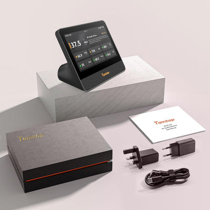 Temtop WiFi-luchtkwaliteitsmonitor M100 2e, 7 inch touchscreen CO2-detector voor binnen en luchtkwaliteitstester voor PM2.5 PM10 TVOC temperatuurvochtigheid, luchtanalysator voor thuiskantoor met