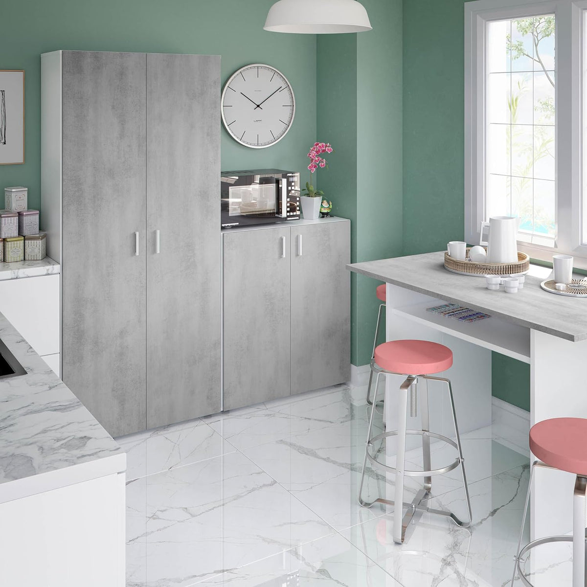 Habitdesign Multifunctionele kast met 2 deuren, afdekkast, wit artik en cement, afmetingen: 80 cm (breedte) x 182 cm (hoogte) x 37 cm (diepte)