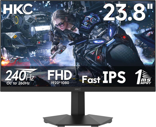 HKC 24 inch gamingmonitor, Full HD (1920 × 1080), 240 Hz Fast IPS, 1 ms, HDR400, 90% DCI-P3, tot 260 Hz overklokt, VESA 100 × 100, blauw lichtfilter, HDMI 2.0 & DisplayPort 1.4