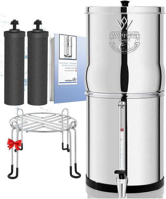 Weeplow Neptune - Système de Filtration d'Eau par Gravité 11 Litres AISI 304 avec 2 Eléments de Purification O'Pure 2, Robinet avec Niveau d'Eau et Support Inox Offert - QUORE