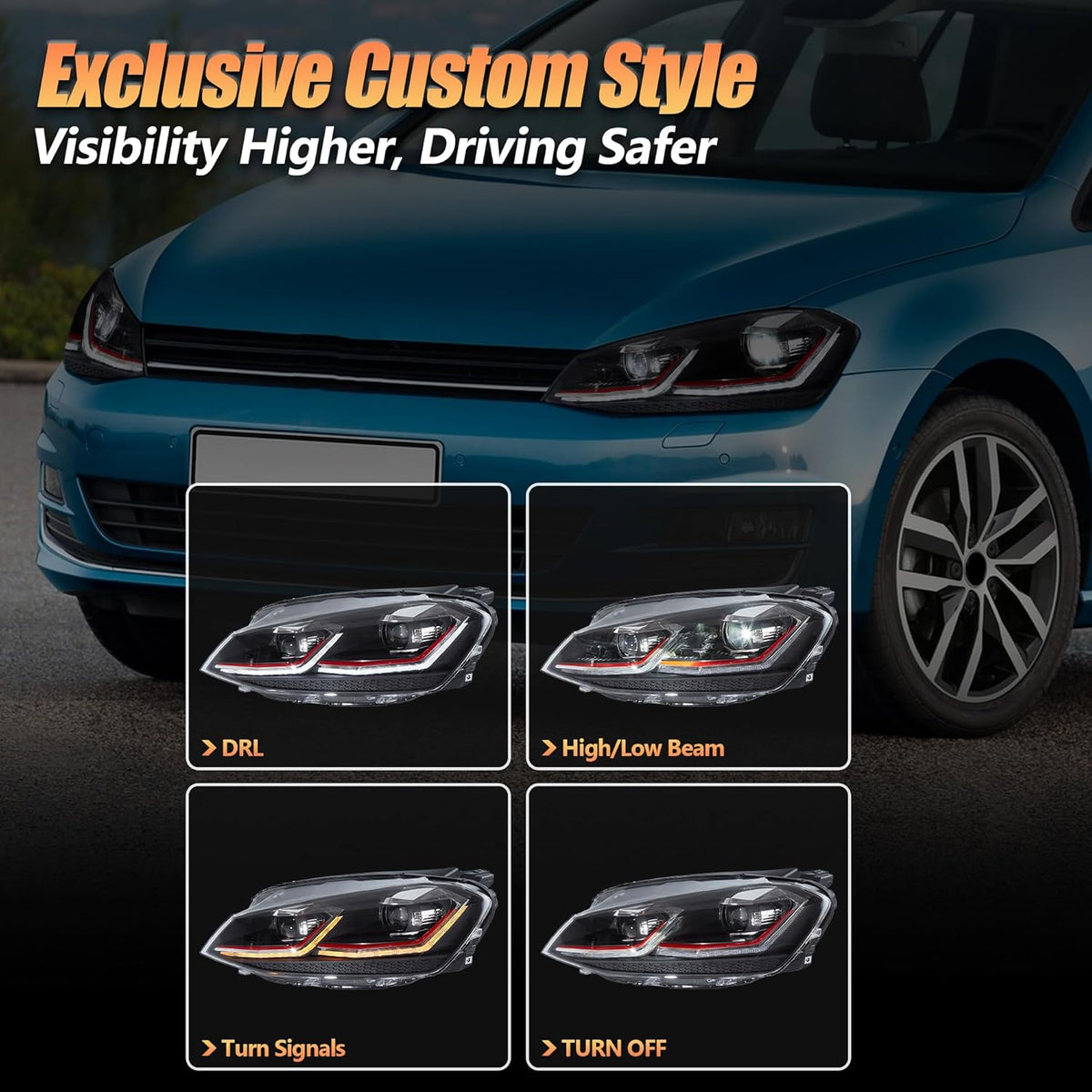 VLAND Koplampen Compatibel met Golf 7 facelift/Golf 7.5 MK7.5 halogeen 2017-2020 (Niet voor Golf MK7/GTI/GTD/Rline), Met E-keurmerk, 1 set (Rood/VOLLEDIG LED)
