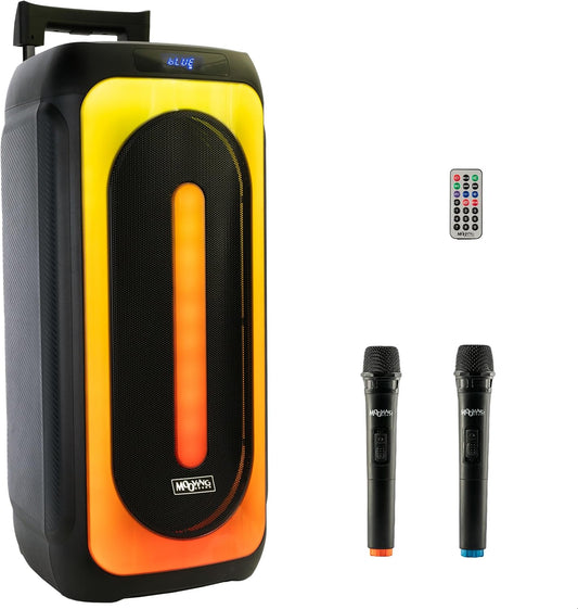 Mooving Sound - MS-MAGICSOUND1000-2x10"/1000W batterij gevoede luidspreker met lichteffect aan de voorzijde en 2 draadloze microfoons - Bluetooth/USB/AUX/MicroSD en TWS - Zwart