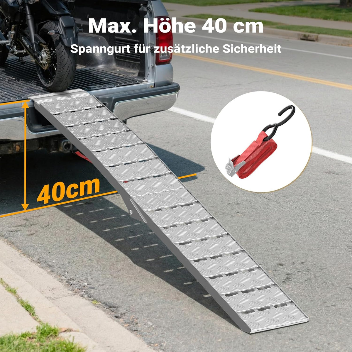 Wiltec Laadhelling inklapbaar - 2280 x 280 mm - max. draagkracht 680 kg - aluminium - met riem - voor motorfiets mountainbike quad - oprijplaat rail