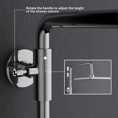 MORADO Thermostatische doucheset, in hoogte verstelbaar thermostatisch douchesysteem, douchestangset met regendouche en 3-functies handdouche, verchroomd, vierkante vorm
