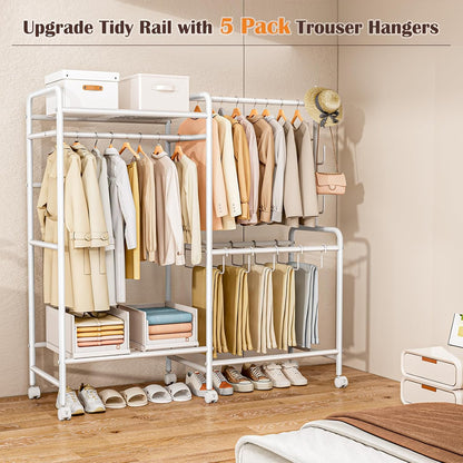 Heavy Duty kledingstang met wielen, 125 kg metalen kledingrek met broekenrek, bovenste plank, 4 haken en 5 broekhangers, stevige kledingkast kledingstang voor slaapkamer, hal, winkel, wit