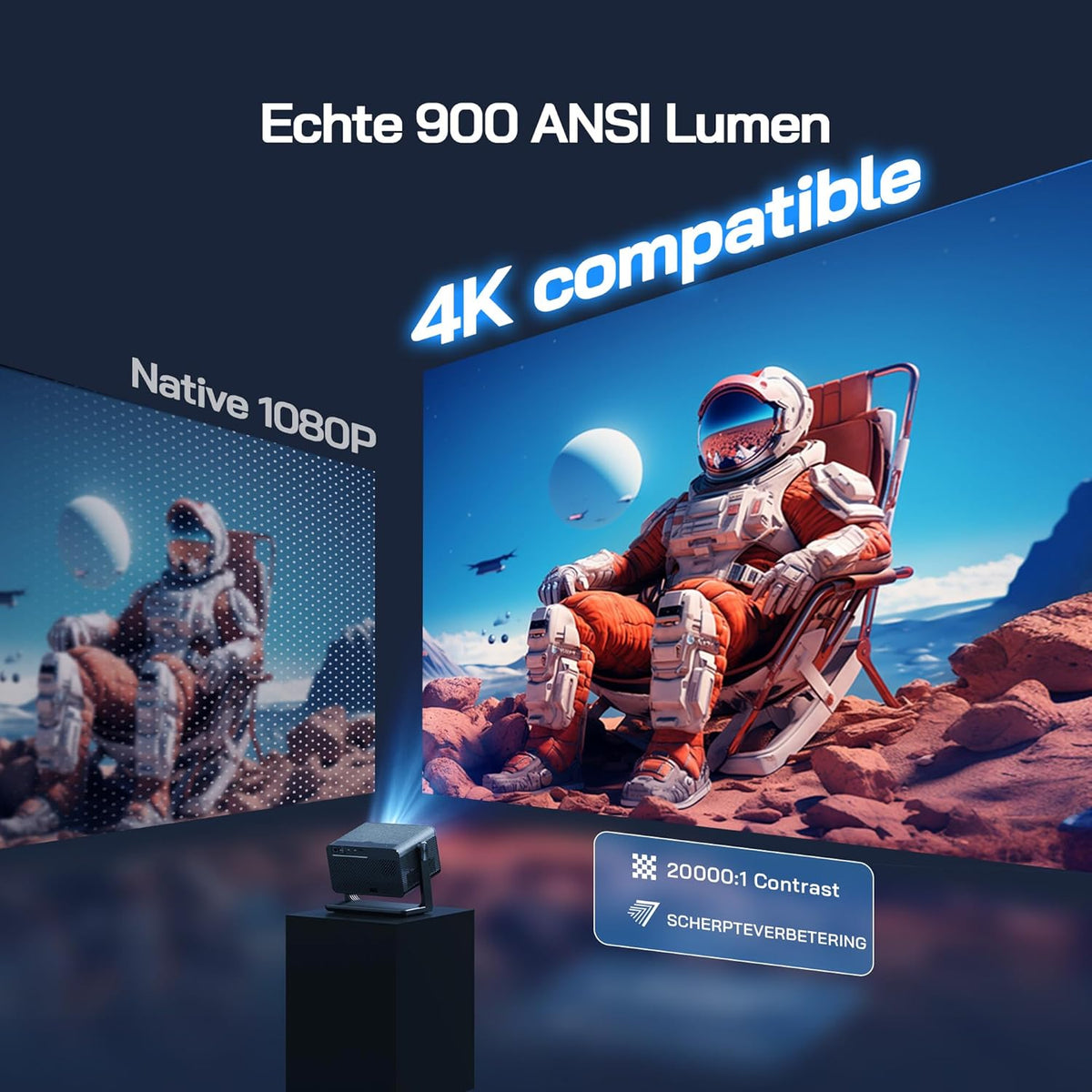 WOLFANG 4K Smart Beamer【Netflix Official & Autofocus/Keystone】28000 Lumen, WiFi 6 Draagbare Beamer met 5.2G Bluetooth, Home Theater Projector met 180° Verstelbare standaard voor 300" Schermen