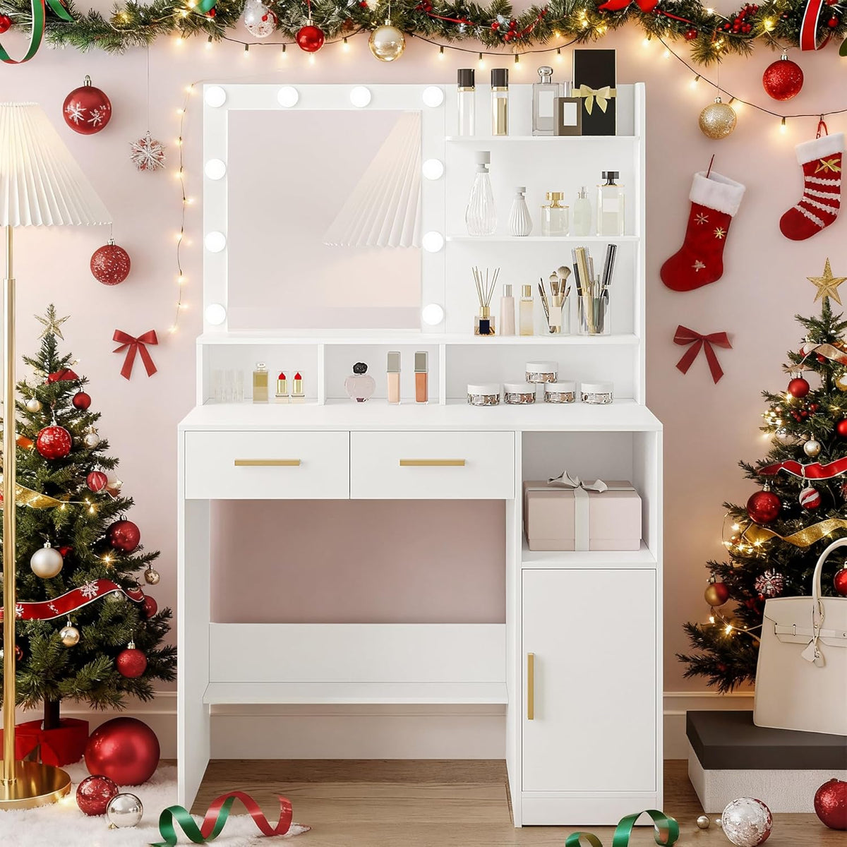 Hzuaneri Dressing Table with Mirror And 10 LED Lamps, Makeup Table with 3 Shelves and 4 Open Compartments, Dressing Table with 2 Drawers and Cabinet, 3 Adjustable Luminosities, WhiteDT32503X - QUORE
