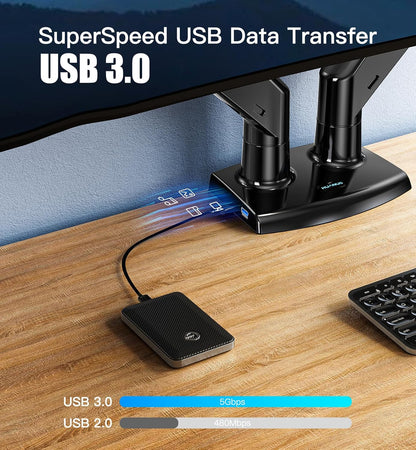 HUANUO PC-monitorstandaard 2 schermen ultra-breed van 15 tot 35 inch, arm voor pc-monitor met gasveer met USB-kabel, volledig bewegende pc-monitorarm tot 12 kg