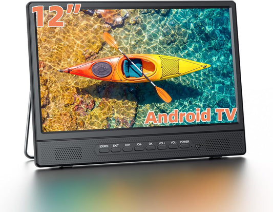Desobry 12 Inch Portable Smart TV Android, Mini Televisie voor Keuken, Caravan, Camper, HDMI USB AV Hoofdtelefoon, DVB-T2 Freeview, 180° Verstelbare Stand
