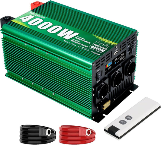 Yinleader Pure sine wave inverter 4000W DC 12V to 230V AC large LCD display 3 EU sockets and USB connection with remote control