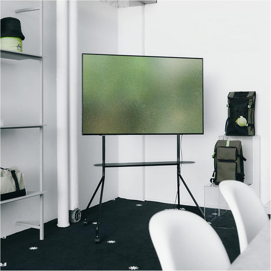 Pedestal Moon PRO tv-standaard oprolbaar voor beeldschermen, 40 tot 75 inch, mobiele televisiestandaard met wielen voor vergaderruimte, beurs, tentoonstelling, tv-rolwagen, professionele