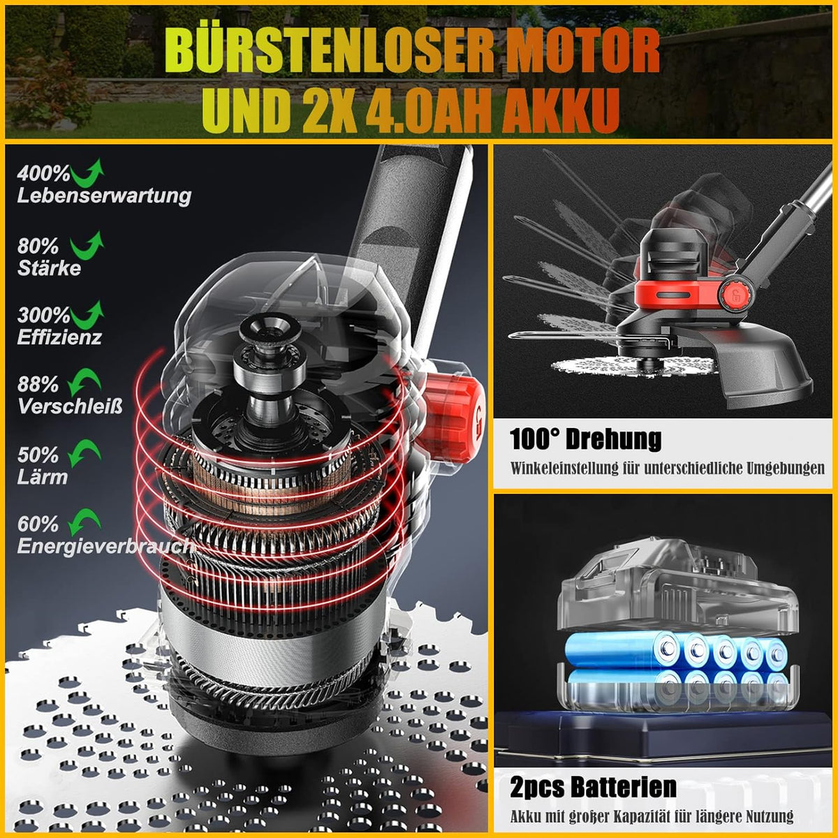 Grastrimmer – Bosmaaier – Snoerloze Trimmer – Accu Trimmer – Onkruidborstel – 4-in-1 Multitool – Borstelloze Motor – 2x 4.0Ah Accu – Telescopisch – 30 cm Maaibreedte