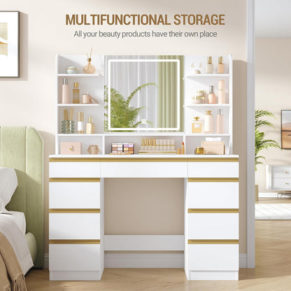 Hzuaneri Large Dressing Table with LED Lights, 3 Colors, Adjustable Brightness, Dressing Table with Mirror, 9 Drawers, 9 Open Shelves, Modern Style, White-Gold DT41903X