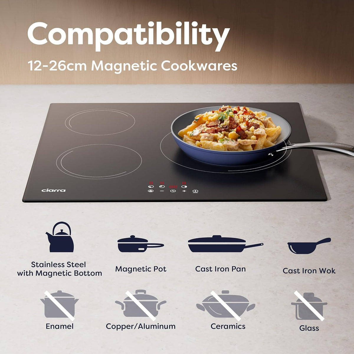 CIARRA CABBIH3-E Kookplaat met inductie, 3 kookplaten, 5600 W, inbouwkookplaat, touch-bediening, 9 niveaus