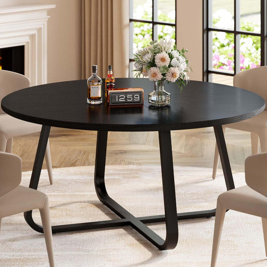 LVB Zwarte ronde eettafel en eettafel, moderne keuken van metaal en hout, kleine industriële tafel voor 4 tot 6 personen