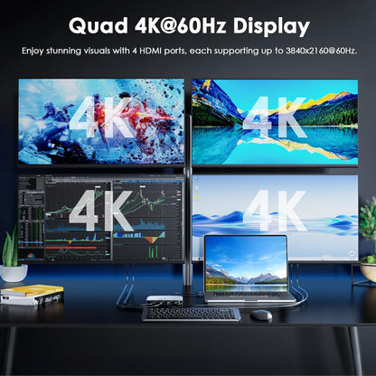 WAVLINK USB 3.0/C naar Quad HDMI Splitter Extended Display voor vier monitoren met 85W PD, Displaylink Adapter 4 HDMI 4K @60Hz voor Mac M1/M2/M3/M4 of Windows 10/11