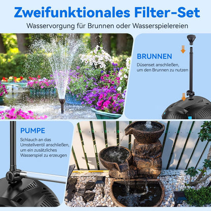 POPOSOAP Vijverfilter met 55 W fontein op zonne-energie, vijverfilter met 2000 l/u pomp en fonenset, 2 m pvc-slang, ideaal voor koivijken, watervallen en waterspelen