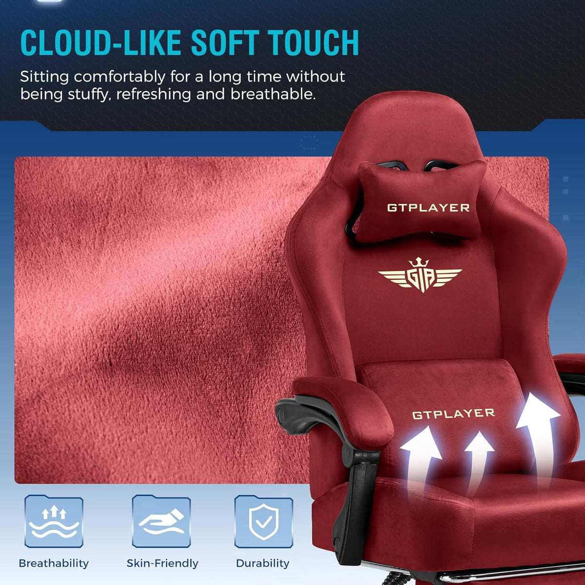 GTPLAYER Gamingstoel, ademende bureaustoel, ergonomisch, hoogwaardige stof, ergonomische pc-stoel, 160° verstelbare rugleuning en uittrekbare voetensteun, rood