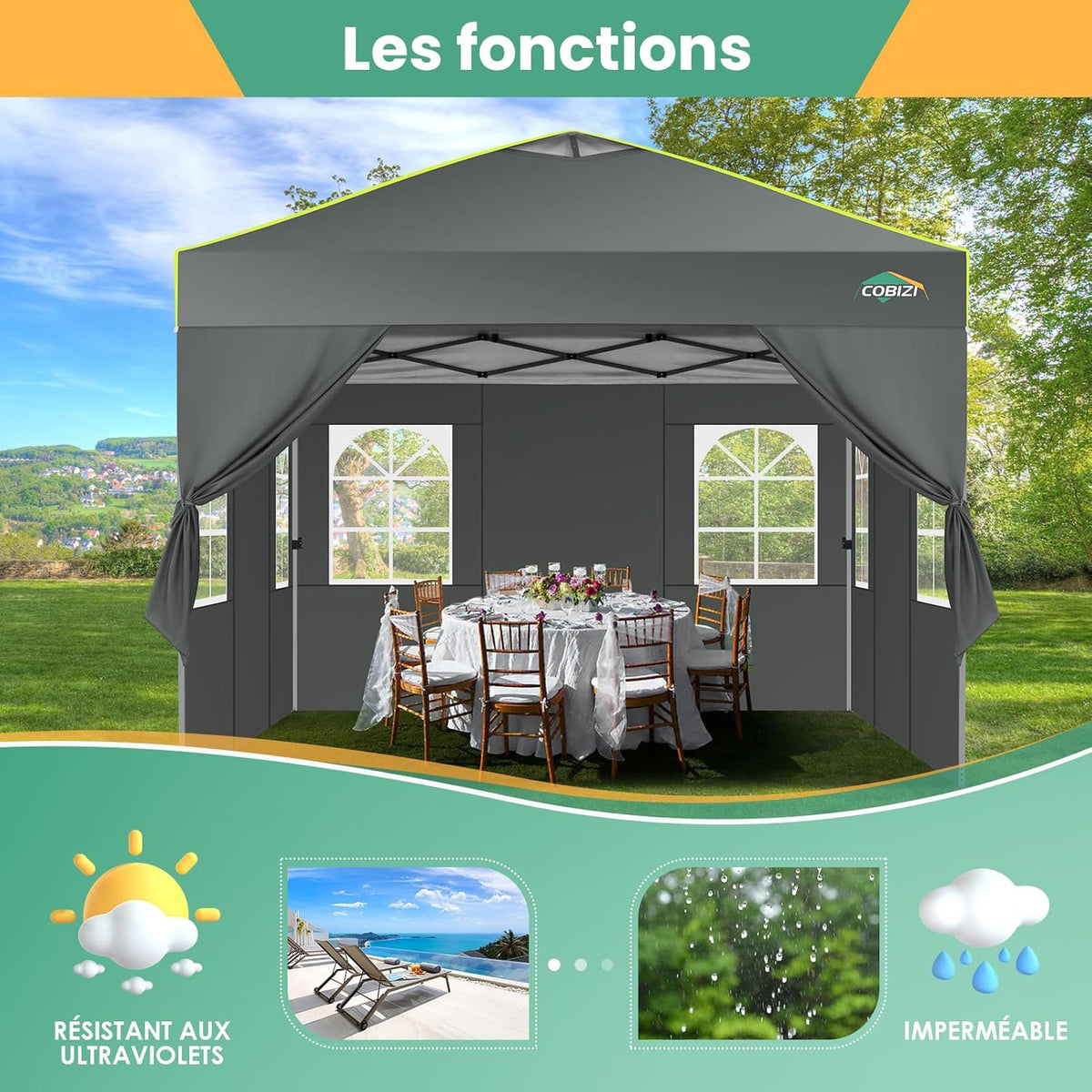 cobizi Paviljoen, 3x3 vouwpaviljoen, waterdicht, winterbestendig, centrale vergrendeling met één knop, partytent, opvouwbaar, anti-uv met fluorescerende strepen, 4 zijwanden, 3 hoogteverstelbaar,