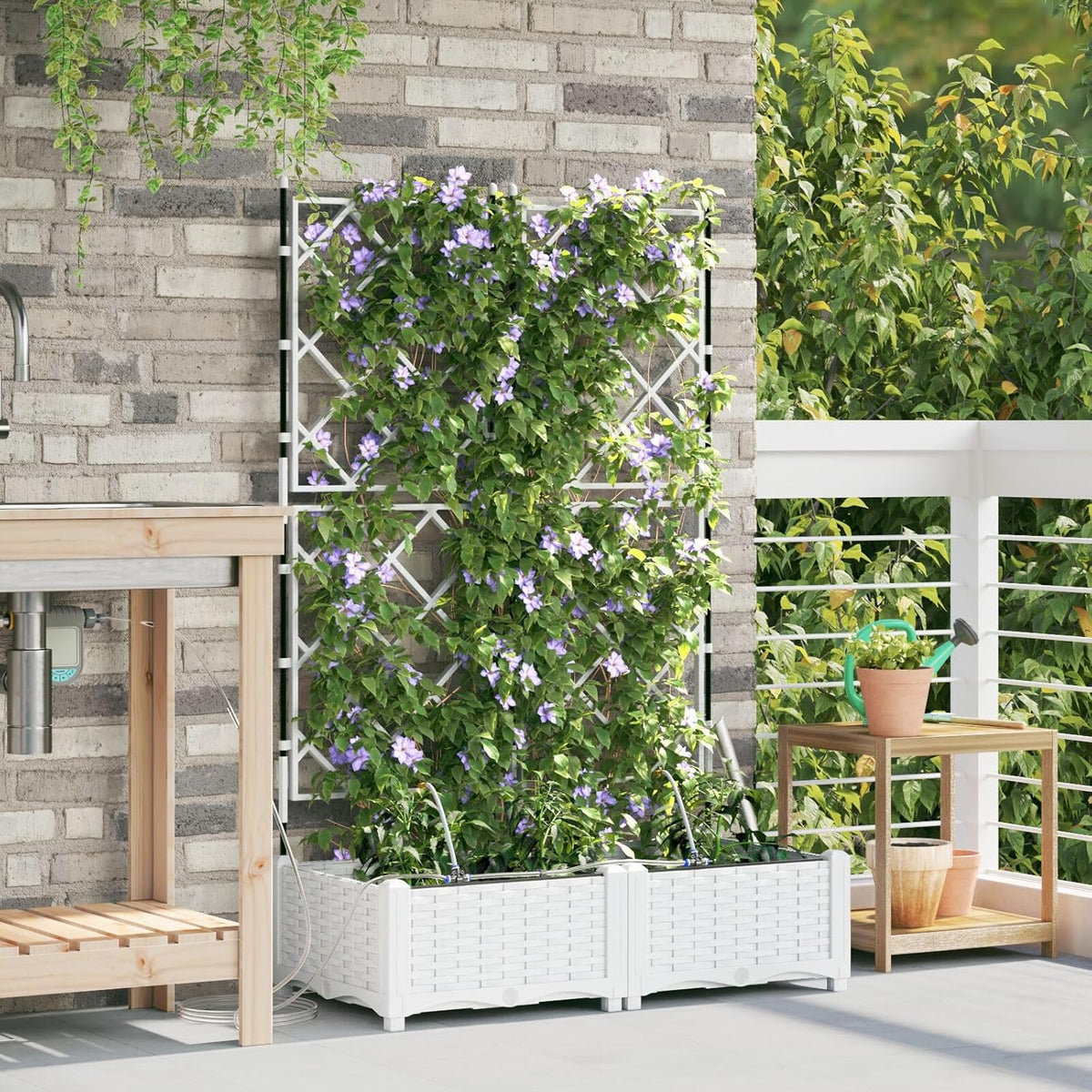 Set of 2 Flower Box with Irrigation System White with Adjustable Trellis for Climbing Plants, Modern Flower Box Made of Synthetic Rattan for Balcony, Garden, Indoor and Outdoor Use - QUORE