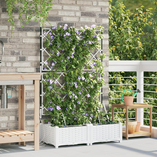 Set of 2 Flower Box with Irrigation System White with Adjustable Trellis for Climbing Plants, Modern Flower Box Made of Synthetic Rattan for Balcony, Garden, Indoor and Outdoor Use - QUORE