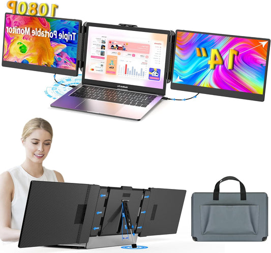 Kwumsy Portable Monitor For Laptop-14" Full HD 1080p Display Dual Triple Monitor Screen Extender,Compatible With Windows/Mac/Chrome For 13''-17.3'' Maximum Width 405mm Laptops. - QUORE