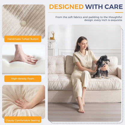 MAXYOYO 3-Zitsbank van Corduroy, Gestoffeerde Staande Fauteuil met Armleuningen, Loveseat zonder Been met Gecapitonneerd Kussen en Rugleuning, Grote Zitzak voor in de Slaapkamer en Woonkamer