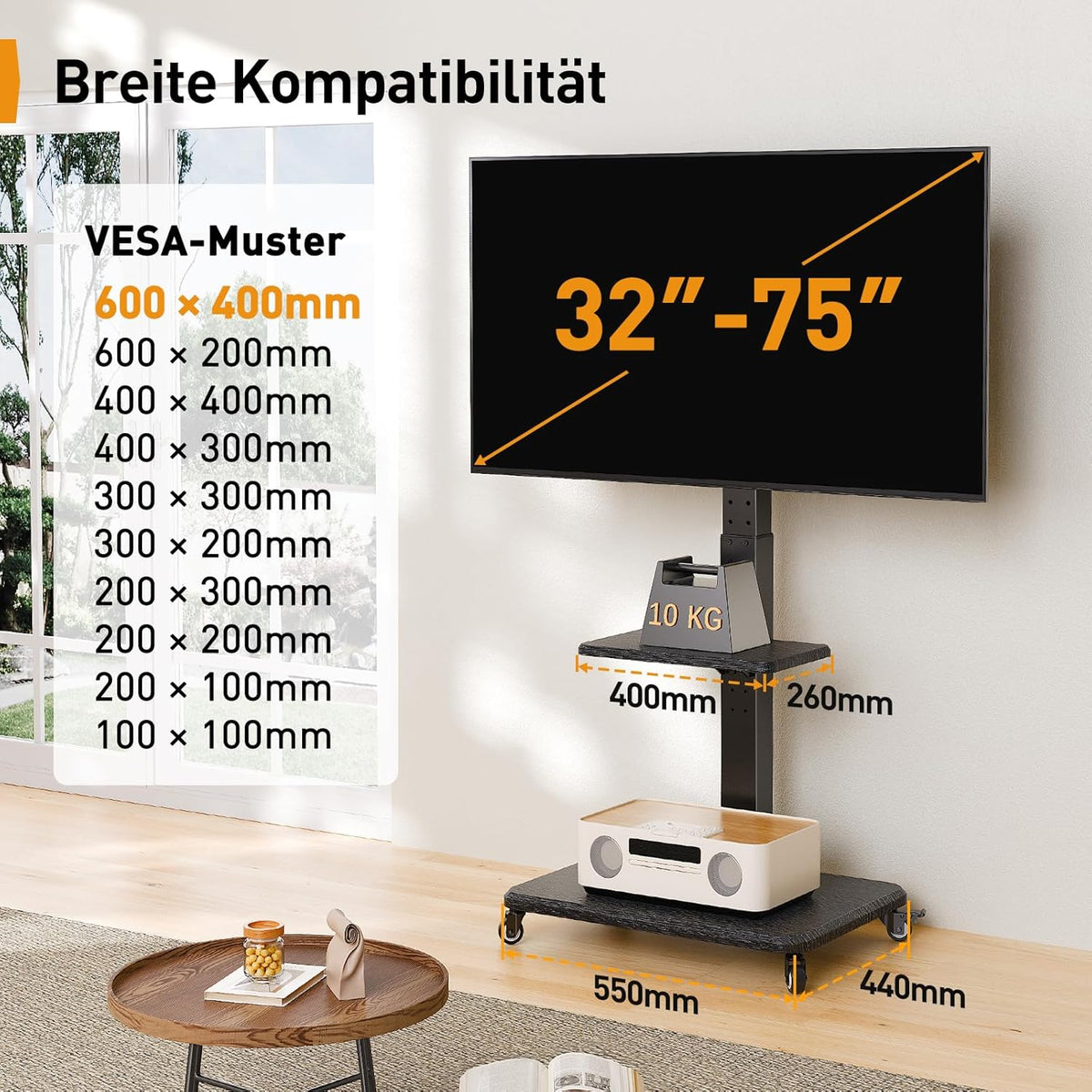 TV-standaard met wielen voor 32-75" tv's