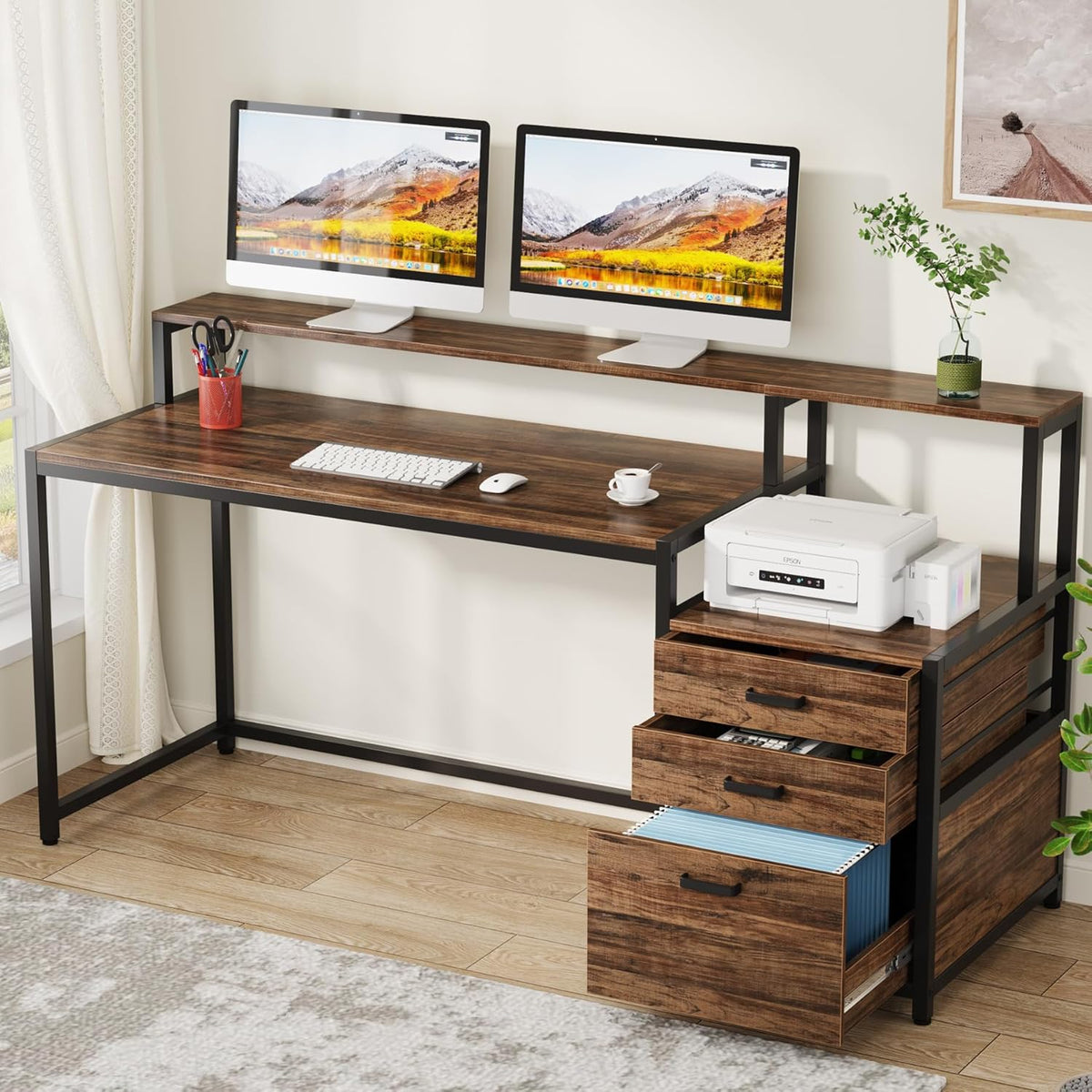 Tribesigns Desk with drawers, ergonomic computer table, 160 x 50 x 90 cm, monitor stand and printer space