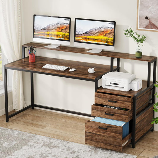 Tribesigns Desk with drawers, ergonomic computer table, 160 x 50 x 90 cm, monitor stand and printer space