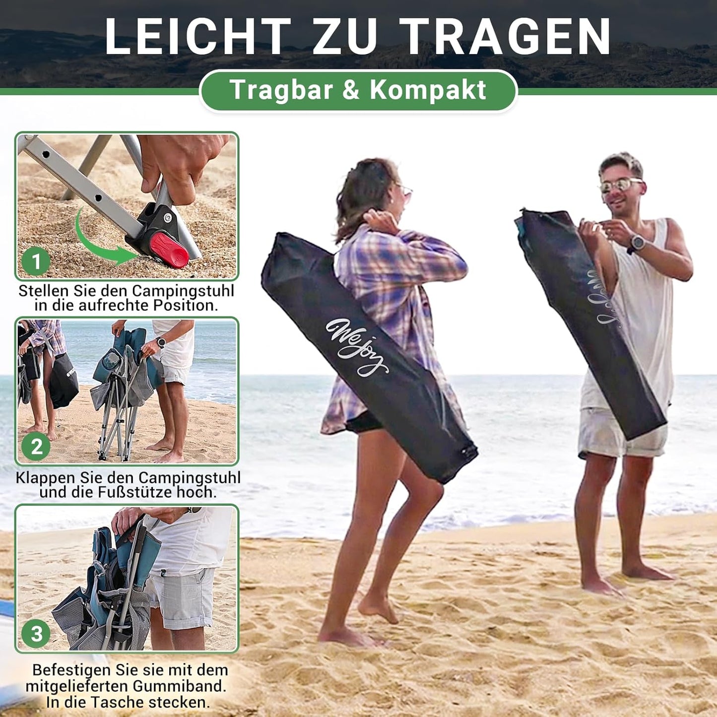#WEJOY 2-in-1 campingstoel, opvouwbaar, strandstoel met verstelbare rugleuning en voetensteun, relaxstoel, ligstoel met bekerhouder, ligstoel voor outdoor camping