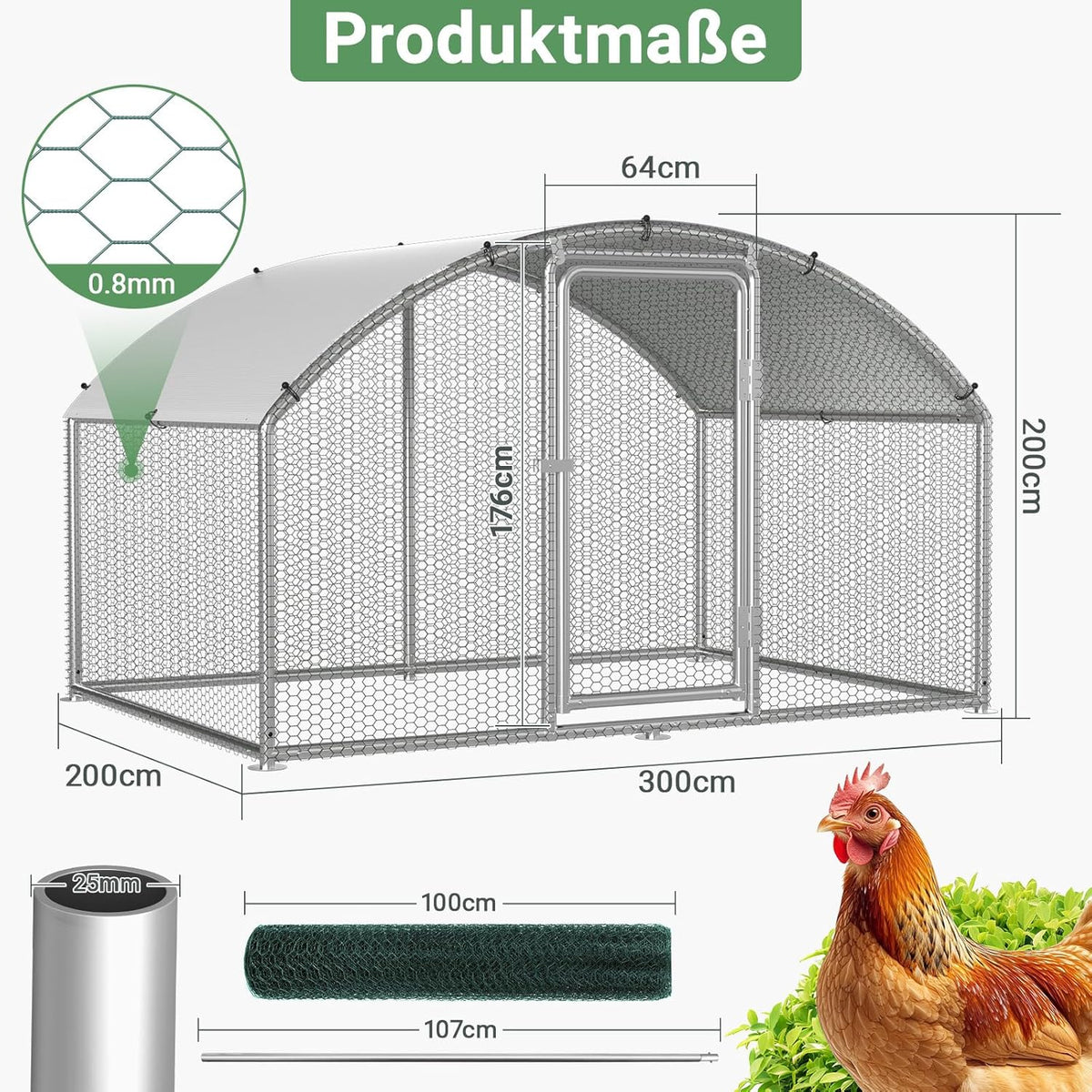 Chicken Coop Outdoor House, Rabbits, Galvanised Steel, Outdoor Chicken Coop with Lock and Waterproof PE Fabric for Chickens, Small Animals and Plants (3 x 2 x 2 m) - QUORE