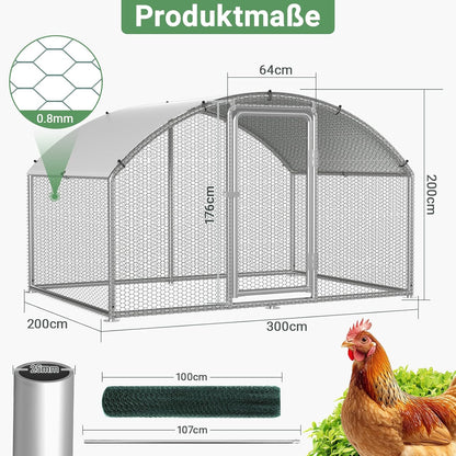 Chicken Coop Outdoor House, Rabbits, Galvanised Steel, Outdoor Chicken Coop with Lock and Waterproof PE Fabric for Chickens, Small Animals and Plants (3 x 2 x 2 m) - QUORE