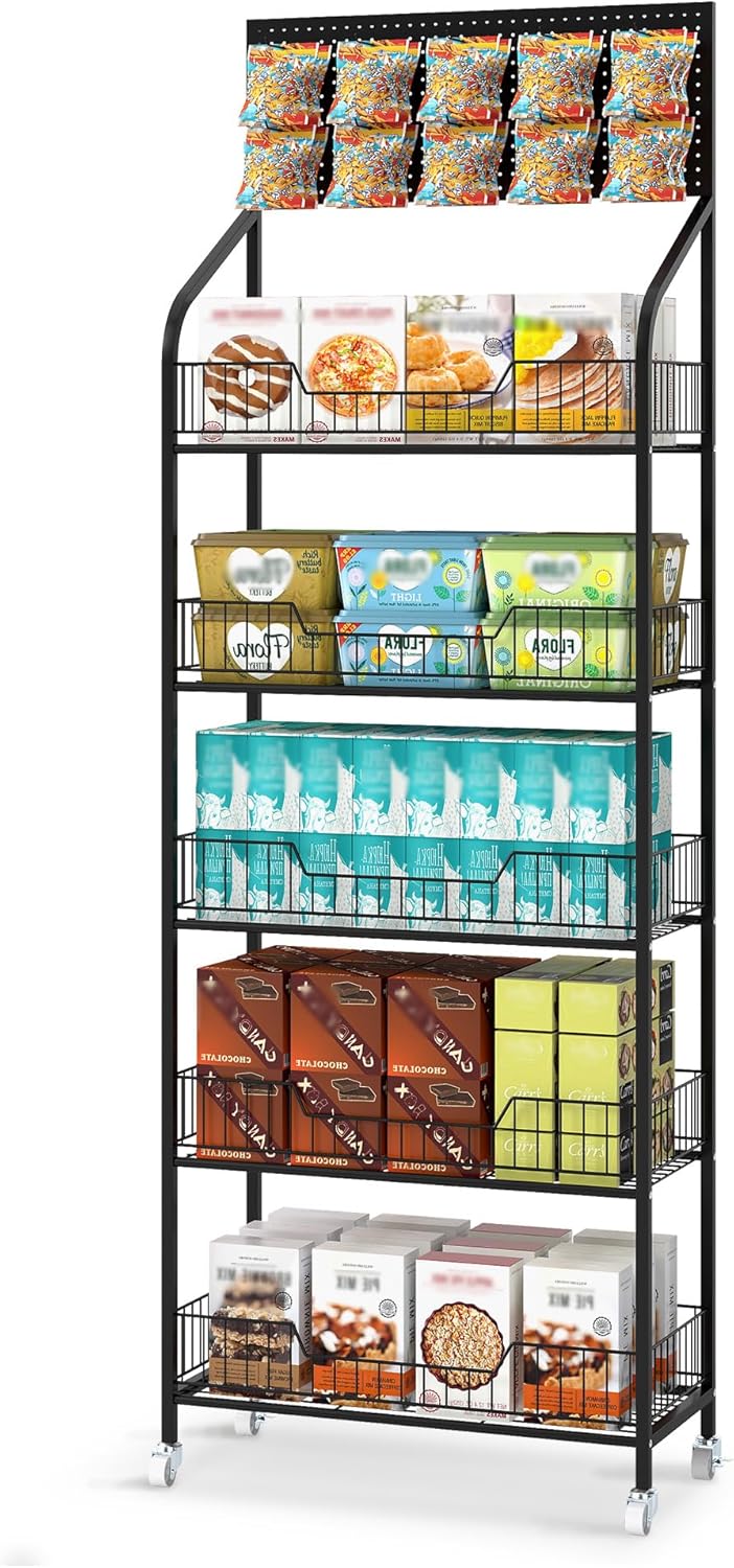 5-Laags Displayrek Op Wielen – Opbergrek – Winkelrek – Presentatierek – Snackrek – 60 X 27 X 170 Cm – Metalen Frame Met 10 Afneembare Haken