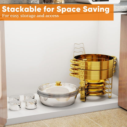 4 stuks gouden ronde schaafschalen voor buffet, 5 QT buffetwarmer-voedselserver met doorzichtig deksel en serveergerei roestvrijstalen voedselverwarmers voor feesten, bruiloften