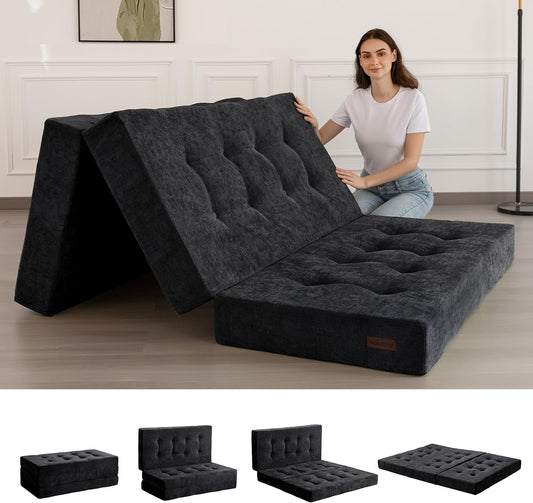 MAXYOYO Opvouwbare Matras Eenpersoons, 15 cm Comfortabele Opvouwbare Matras Met Chenille-Stof, Driekwijd Vloer Futon Bank Bed Voor Gast, Vouwmatras Topper Voor Camping, Zwart, Enkel