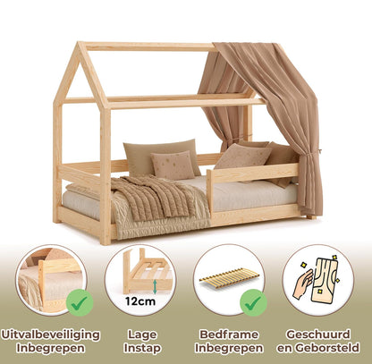 smartwood Solid Wood House Bed 90x200 - Children's Bed in Natural with Fall Protection & Slatted Base up to 230 kg - Scandinavian Design - for Boys & Girls - Easy Assembly - MILO - QUORE
