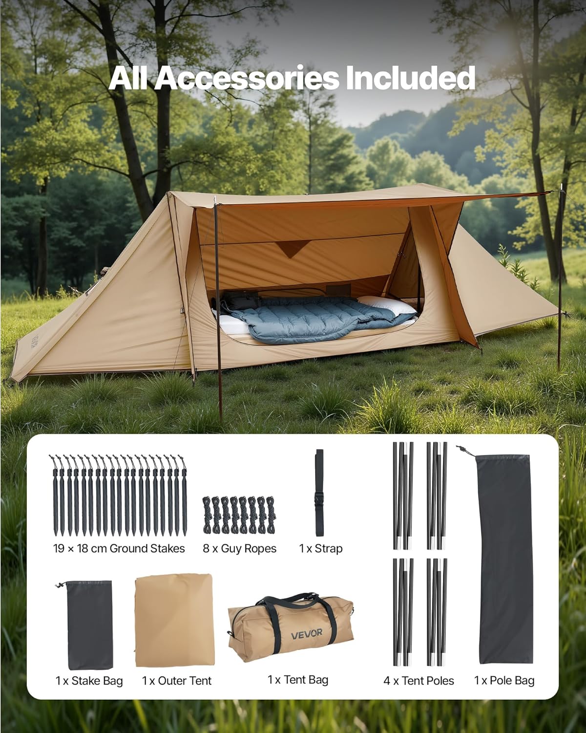 VEVOR Campingtent, lichte bushcraft-tent met kachelaansluiting en 2 zeilstangen, wintertenten, draagbare 4-seizoenentent voor 2 personen, voor wandelen, vissen, jagen en rugzakreizen