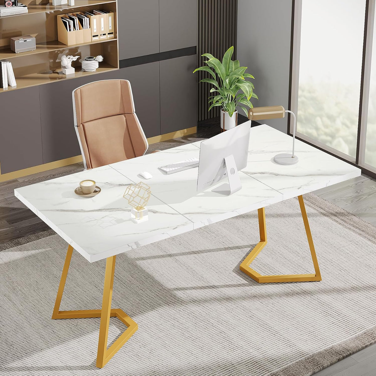 Tribesigns Desk, Computer Table, 140 x 80 cm, PC Table, Work Table, Dining Table, Office Furniture, Computer Table, Conference Table for Home Office, Home, Desk, White and Gold