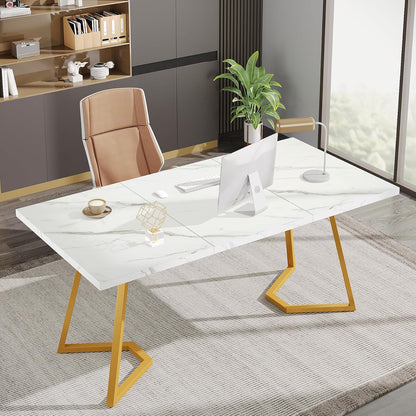 Tribesigns Desk, Computer Table, 140 x 80 cm, PC Table, Work Table, Dining Table, Office Furniture, Computer Table, Conference Table for Home Office, Home, Desk, White and Gold