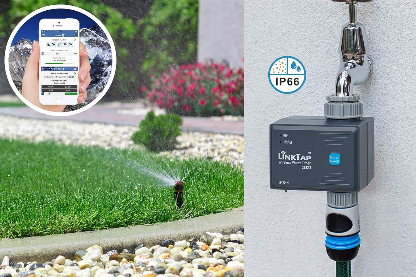 LinkTap G1S Draadloze Watertimer & Gateway - Cloudgestuurde Bewateringstimer met Slimme App voor Tuinen, Ruimer Bereik dan WiFi, Weerbewust, Manueel Aan/Uit & Digitale Lockout, IP66