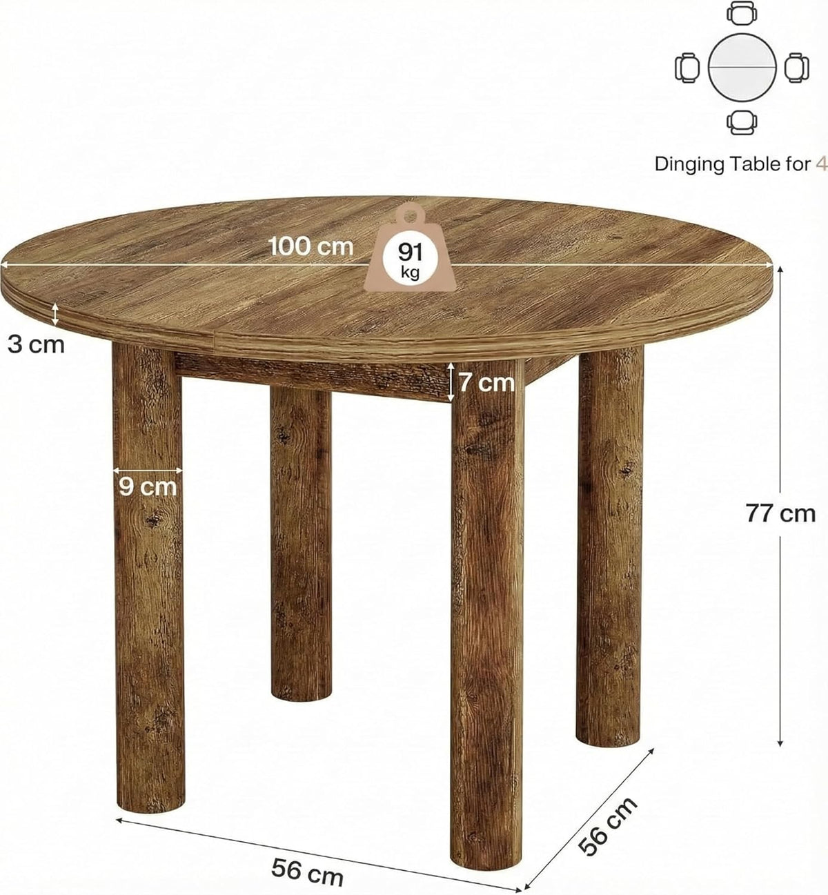 Ronde Eettafel – Eettafel Rond – Keukentafel – Houten Tafel – Eettafel Voor 4 Personen – 100 cm Diameter – Hoogwaardig MDF Bruin - QUORE