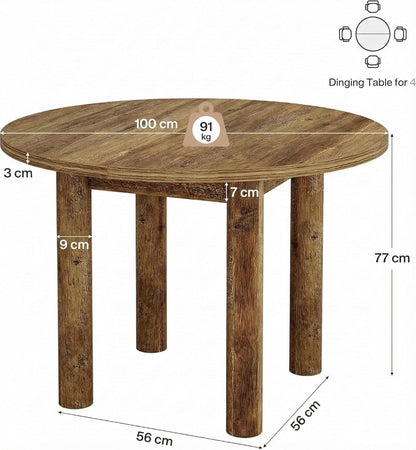 Ronde Eettafel – Eettafel Rond – Keukentafel – Houten Tafel – Eettafel Voor 4 Personen – 100 cm Diameter – Hoogwaardig MDF Bruin - QUORE
