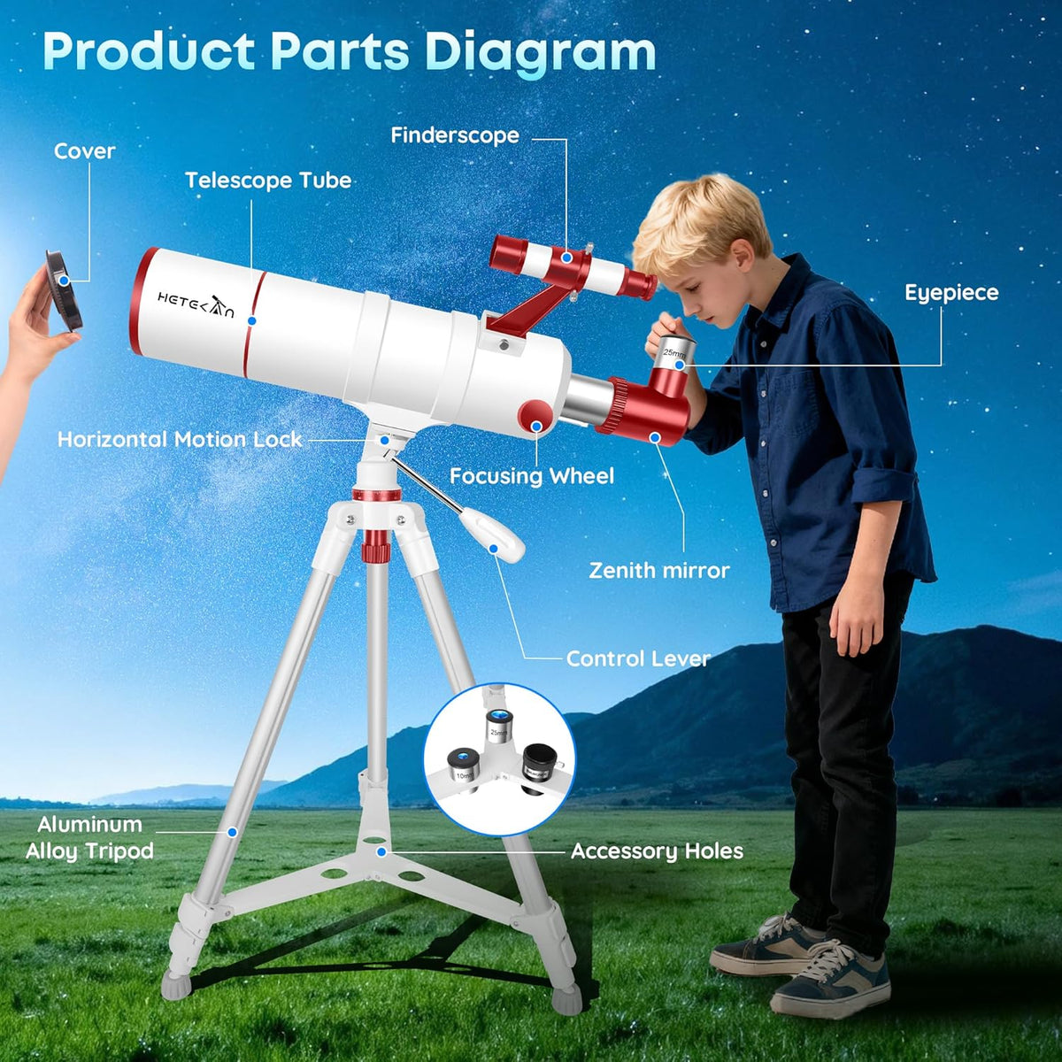 Telescoop voor volwassenen en beginners, draagbare refractortelescoop met 90 mm/550 mm brandpuntsafstand (22 x 165 x) met telefoonadapter, draagtas en decoratieve stickers