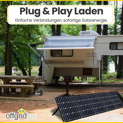 Offgridtec© FSP-2 225W opvouwbaar zonnepaneel met Sunpower Back-Contact cellen zonder laadregelaar met praktische draaggreep en opbergruimte voor kabel. Voor camping, reizen, boot caravan