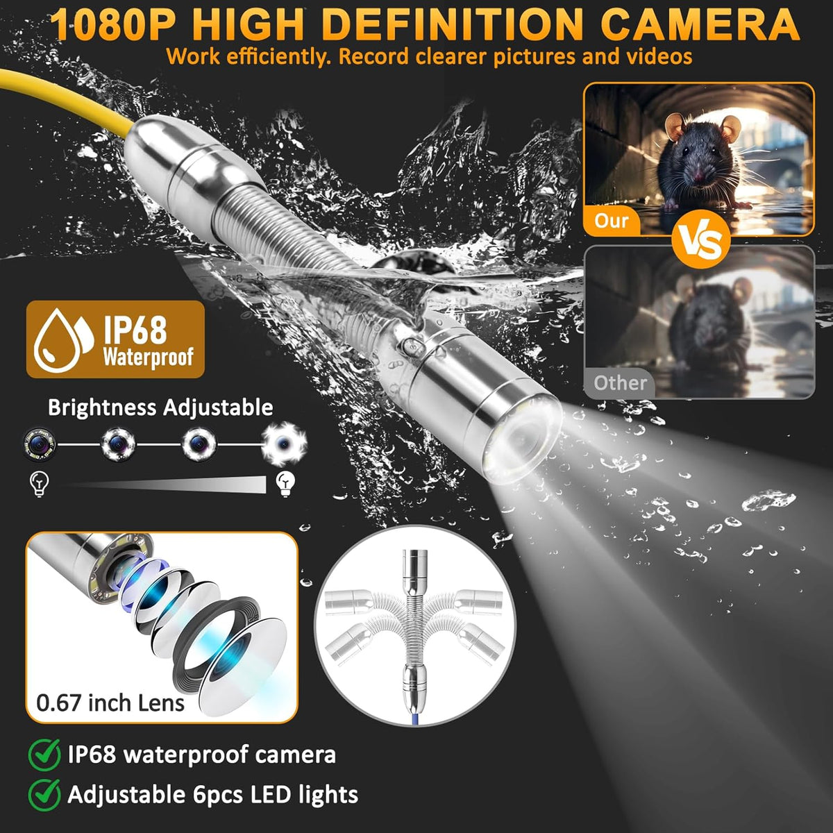 KAOLALI Buiscamera 50 m met licht, 9 inch kanalisatiecamera, 1080p HD endoscoop, inspectiecamera, DVR-recorder, kanaalcamera, IP68 waterdicht, met 6 ledlampen, voor loodgieter, 32 GB TF-kaart