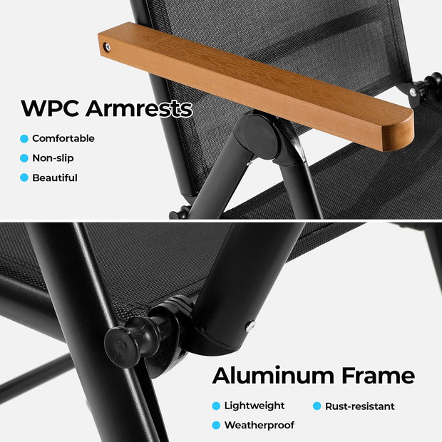 Tuinstoelen - Klapstoel - Vouwstoel - Campingstoel - Set van 2 - Buitenstoelen - Verstelbaar Rugleuning - Opklapbaar - 7-voudig - voor - Terras - Tuin - Camping - Ademend Textileen - Aluminium - 52 x 65 x 107 cm - Zwart