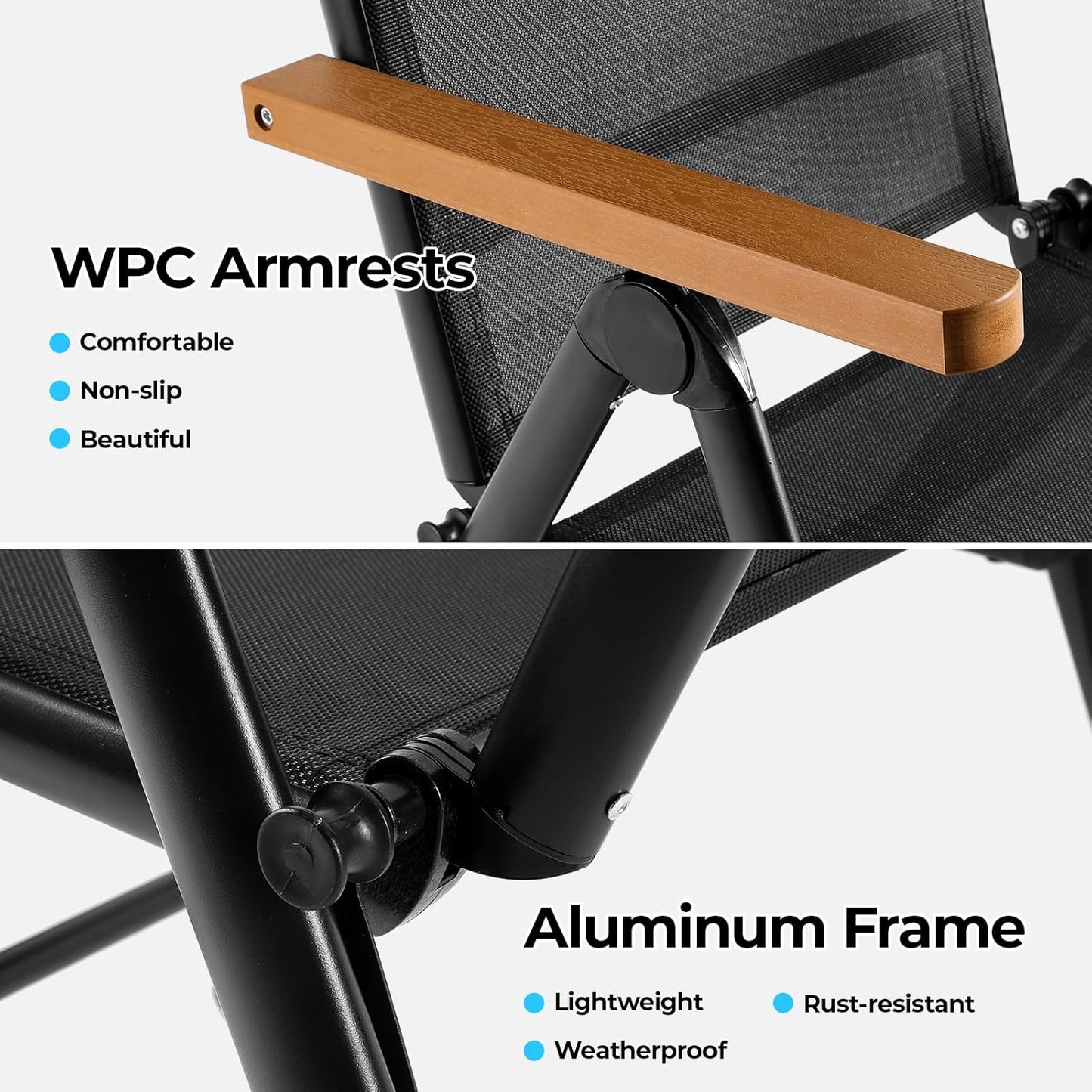Aluminium Tuinstoelen set van 2, Inklapbare Buitenstoelen met Armleuning van Imitatiehout, 7-voudig Verstelbare Rugleuning, Ademend Balkonstoel campingstoel voor Veranda's Terrassen